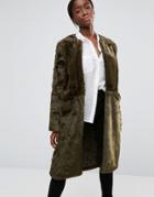 Parka London Evie Luxurious Faux Fur Collarless Coat - Green