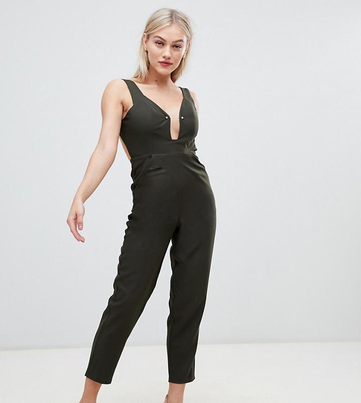 Asos Design Petite Cami Jumpsuit With Gold Bar Detail - Green