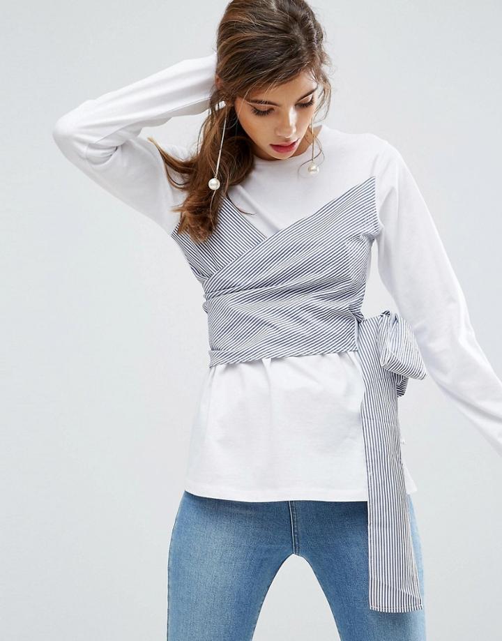 Asos Top With Long Sleeves & Stripe Shirting Wrap Detail - Multi