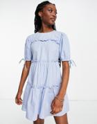 Influence Tie Sleeve Tiered Mini Dress In Polka Dot-blues