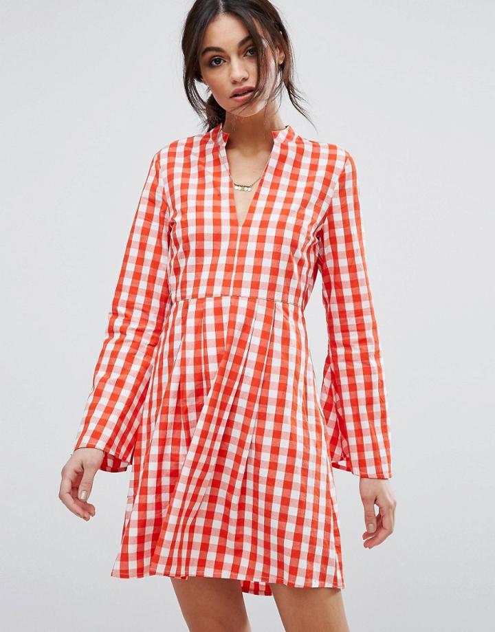 Vero Moda Gingham Flared Sleeve Mini Waisted Dress - Multi
