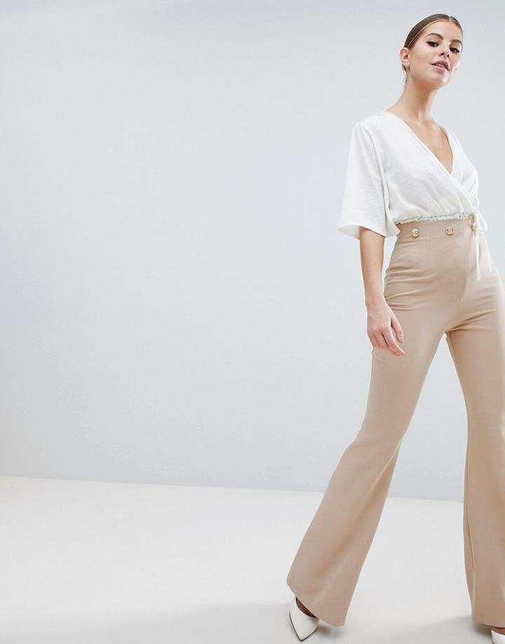 Vesper Button Detail Wide Leg Pants - Brown