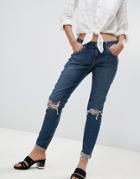 Asos Kimmi Shrunken Boyfriend Jeans In Misty Aged Vintage Wash With Busts And Rips-blue