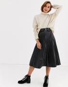 River Island Faux Leather Pleated Midi Skirt In Black