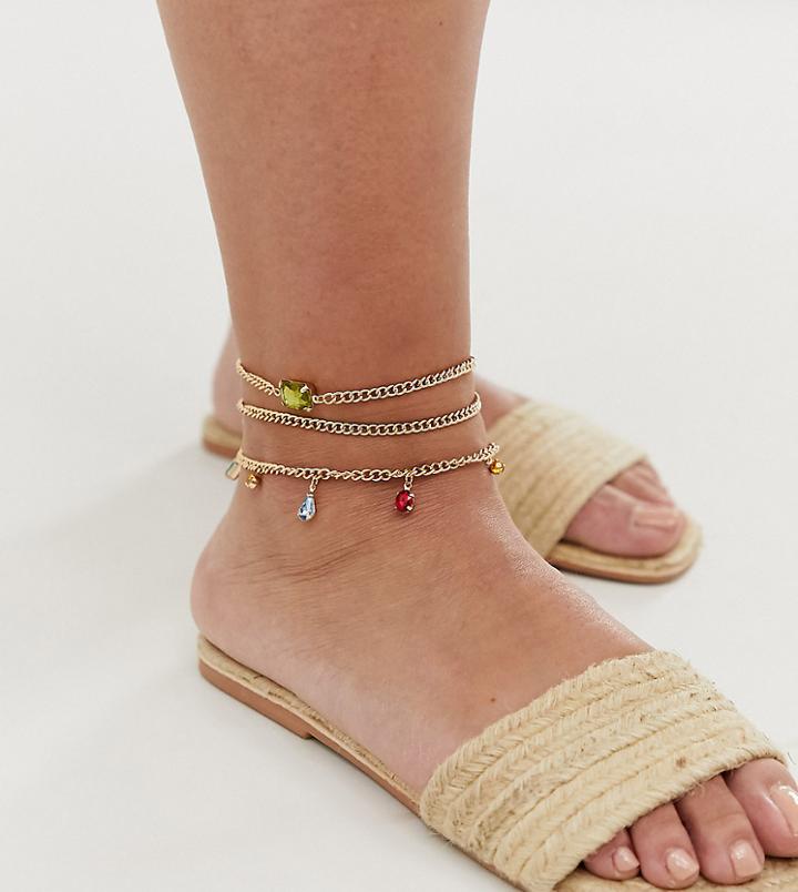 Asos Design Curve Pack Of 2 Anklets With Colorful Jewel Drops In Gold Tone - Gold