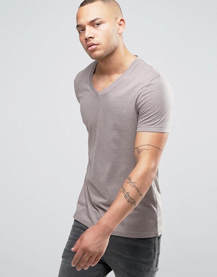 Asos V Neck T-shirt In Beige - Beige