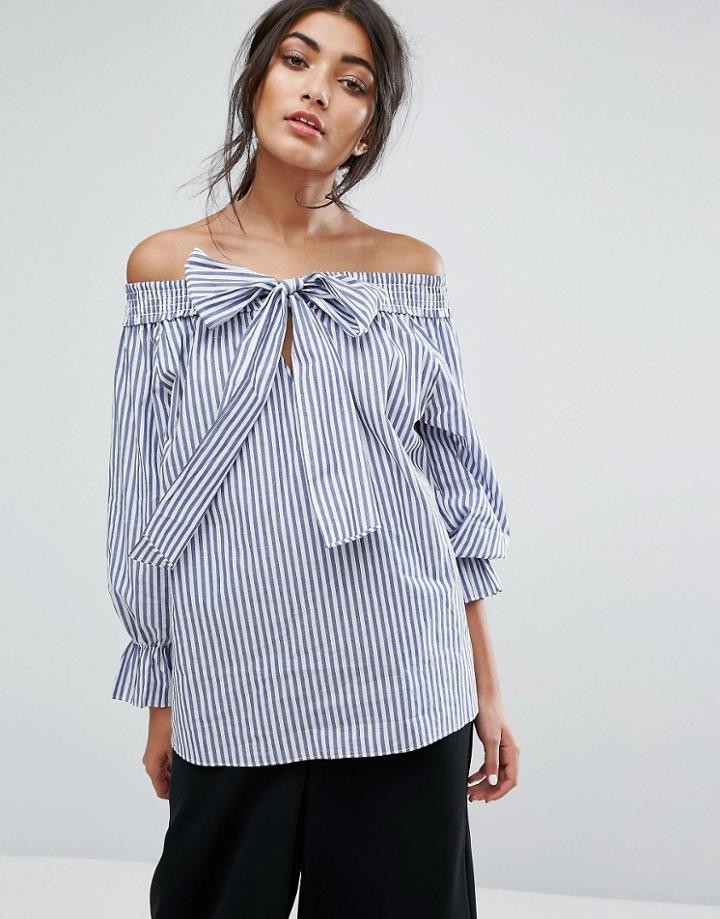 J.o.a Off Shoulder Top In Shirt Stripe With Tie Bow Front - Multi
