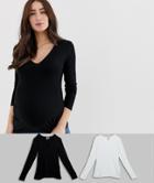 Asos Design Maternity Ultimate Top With Long Sleeve And V-neck With Ruching 2 Pack Save - Multi