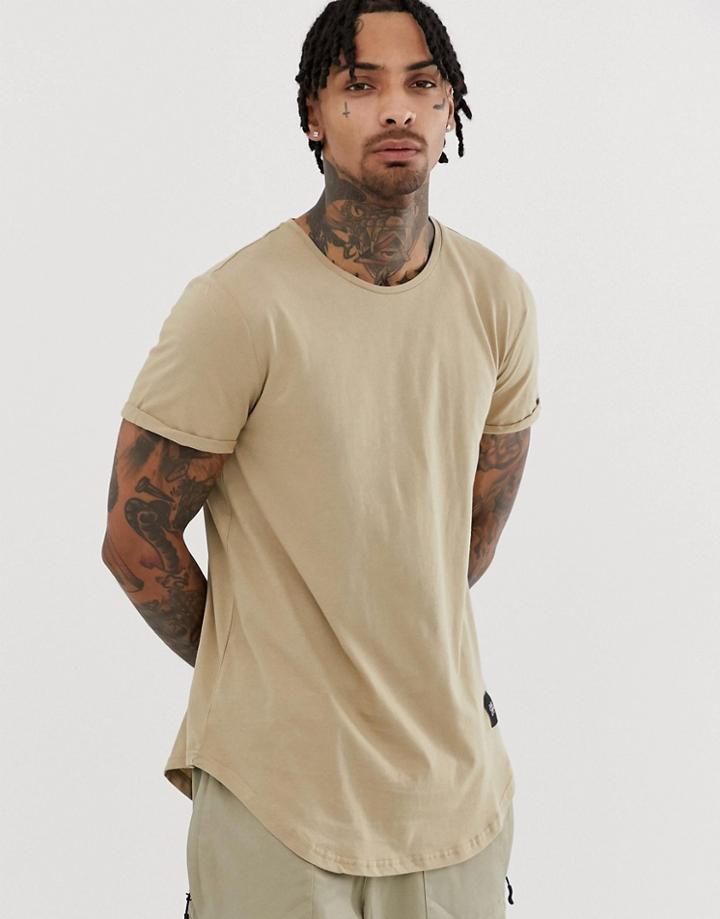 Sixth June Curved Hem T-shirt In Stone - Stone