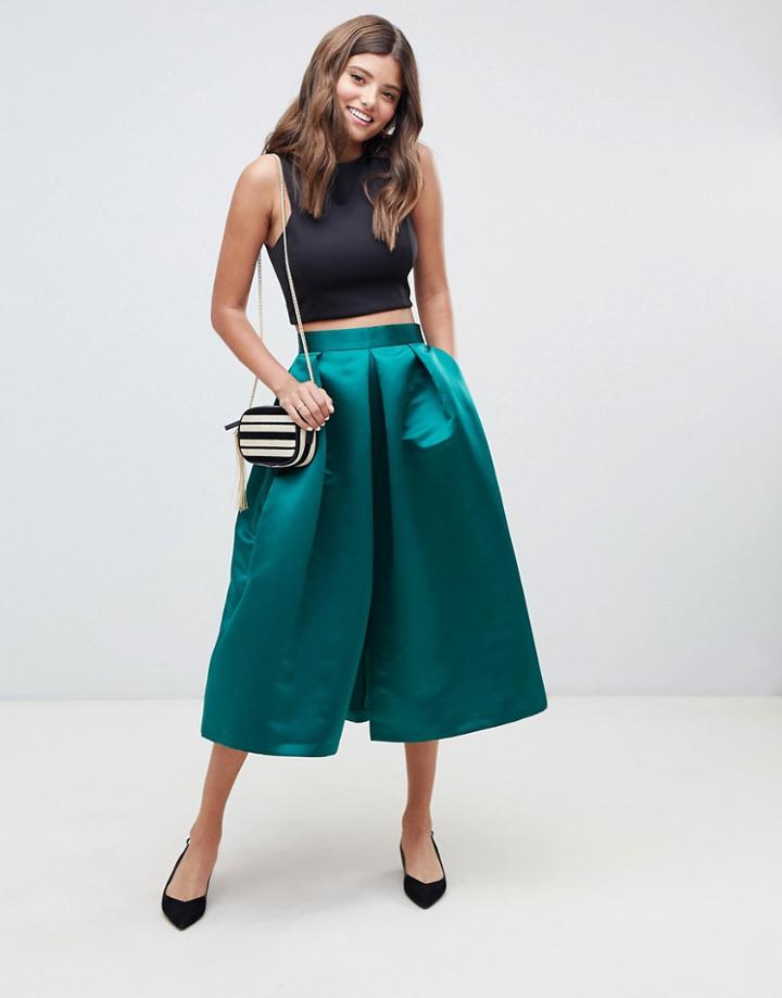 Closet London Full Prom Sateen Midi Skirt In Emerald Green - Green