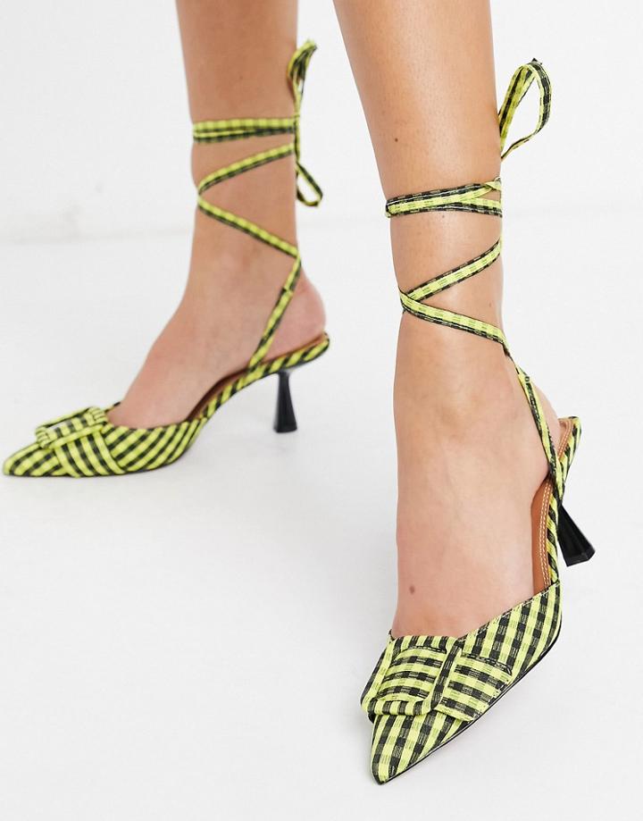 Asos Design Shelby Buckle Feature Tie Leg Mid Heels In Yellow Check-multi