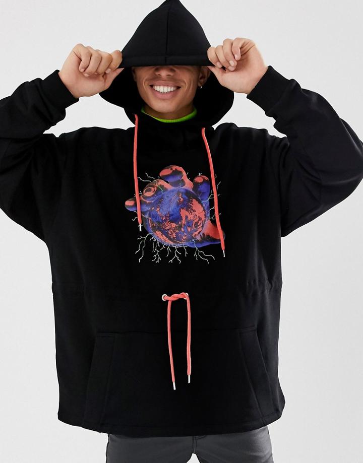 Asos Design Oversized Hoodie In Black With World Print And Drawcord Detail - Black