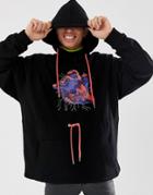 Asos Design Oversized Hoodie In Black With World Print And Drawcord Detail - Black