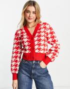 Monki Recycled Dogstooth Cardigan In Red