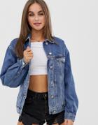 Asos Design Denim Girlfriend Jacket In Midwash Blue