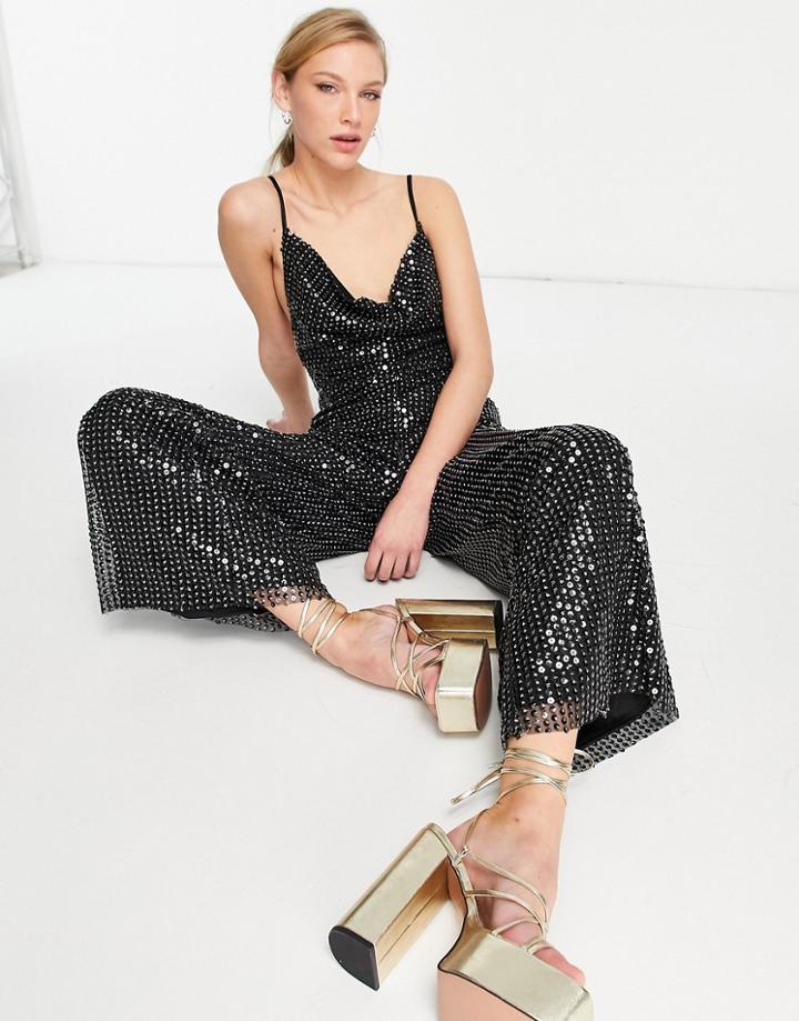 Asos Design Sequin Cowl Neck Cami Jumpsuit In Black