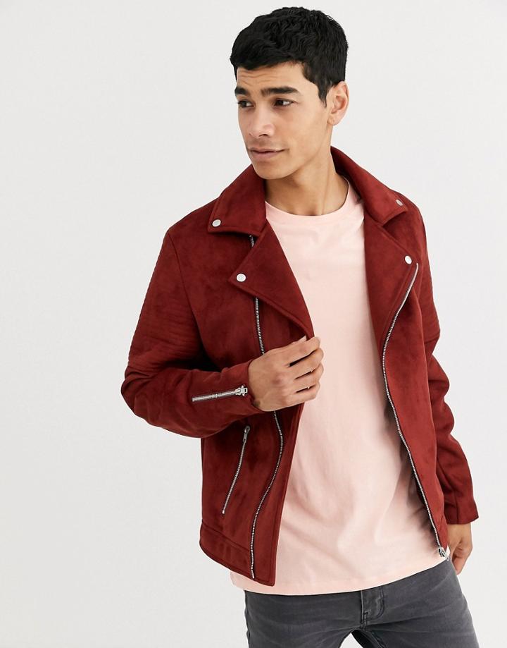 Asos Design Faux Suede Biker Jacket In Burgundy-red