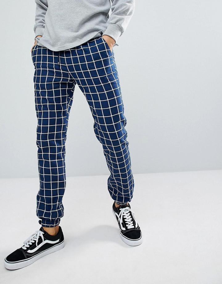 Asos Design Slim Woven Joggers In Navy Check - Navy