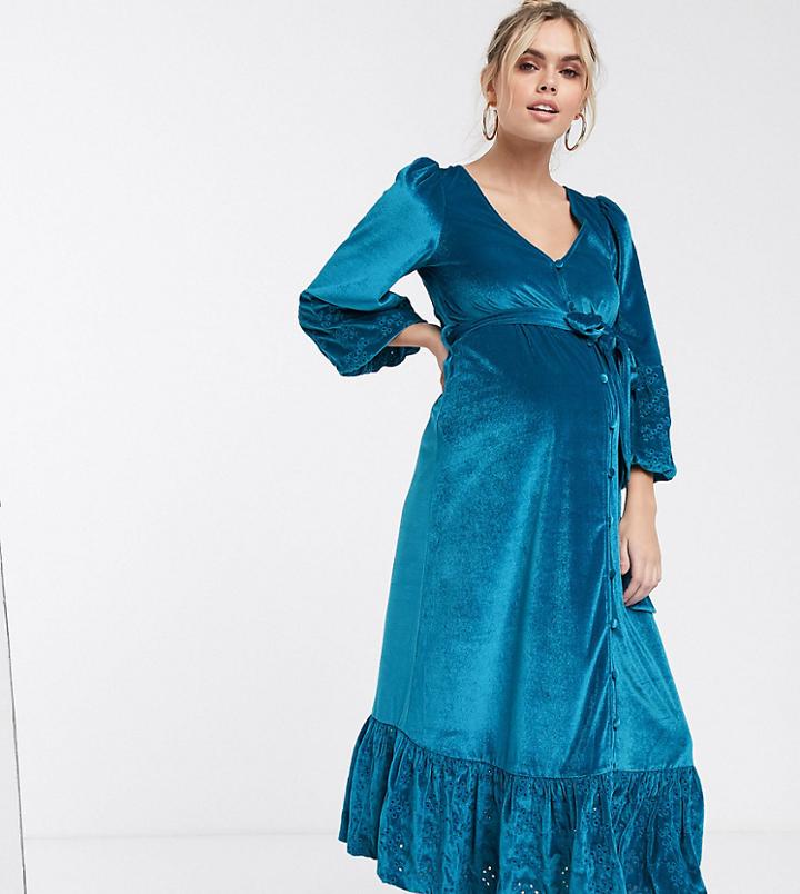 Asos Design Maternity Midi Wrap Dress In Velvet Broderie In Aqua-blues