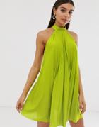 Asos Design Backless Halter Pleated Mini Dress - Green