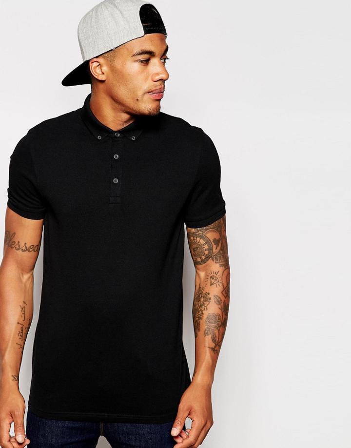 Asos Polo In Pique With Button Down Collar - Black