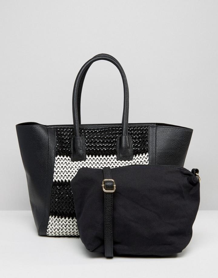 Silvian Heach Large East West Shopper With Woven Monochrome Panel - Black