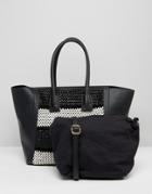 Silvian Heach Large East West Shopper With Woven Monochrome Panel - Black