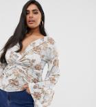 Koco & K Plus Soft Touch Plunge Front Batwing Sleeve Top In Mint Baroque - Green