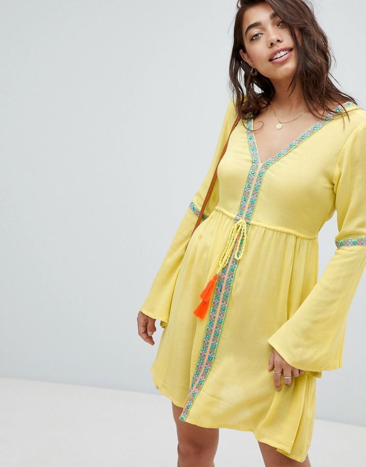 Anmol Yellow Plunge Neck Beach Dress With Embroidered Panels And Tassel Tie - Yellow
