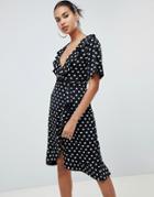 Prettylittlething Heart Print Frill Detail Wrap Midi Dress - Black