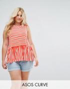 Asos Curve Top With Ruffle Hem In Stripe - Pink