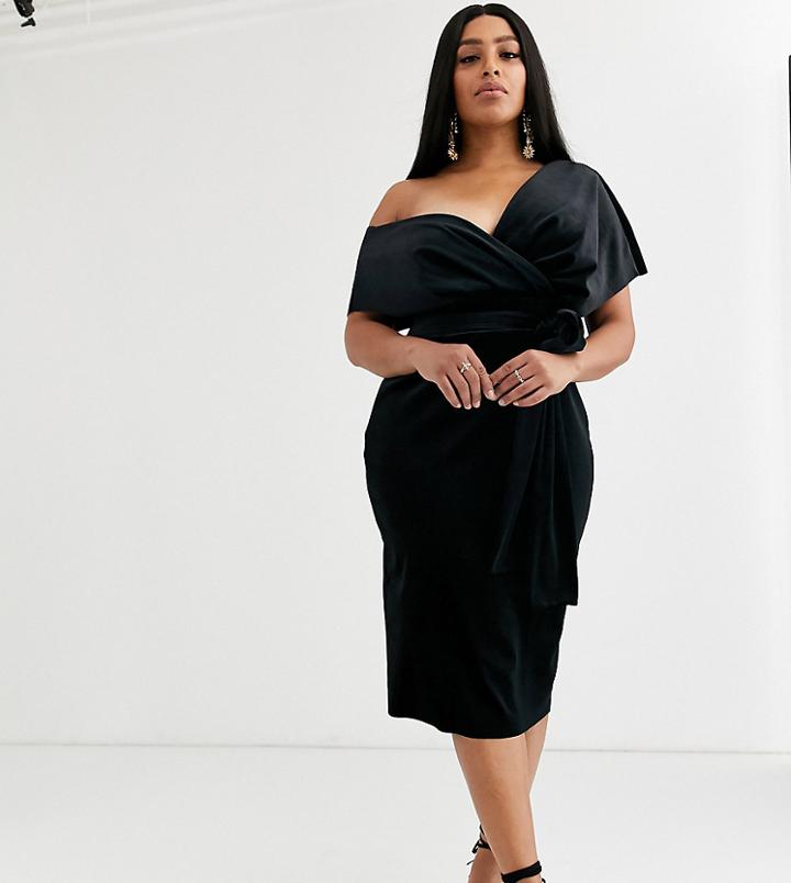 Asos Design Curve Velvet Fallen Shoulder Midi Pencil Dress With Tie Detail