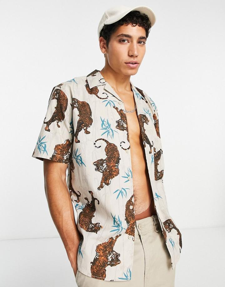 Only & Sons Short Sleeve Tiger Print Shirt In Silver Gray