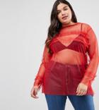 Asos Curve Top In Mesh With Ruffle Front - Red