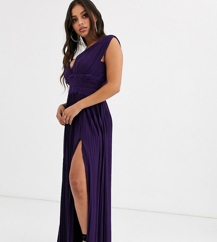 Asos Design Petite Premium Lace Insert Pleated Maxi Dress-purple