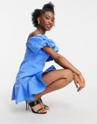 Asos Design Puff Sleeve Bandeau Mini Dress With Godets In Blue-blues