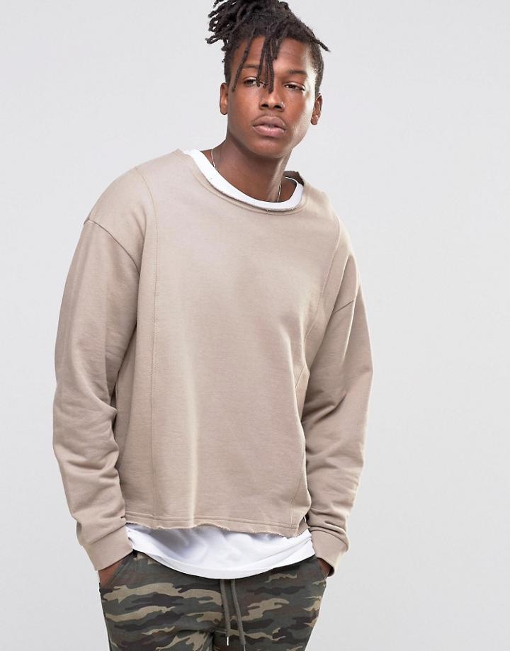 Asos Oversized Sweatshirt With Raw Edges In Beige - Tawny