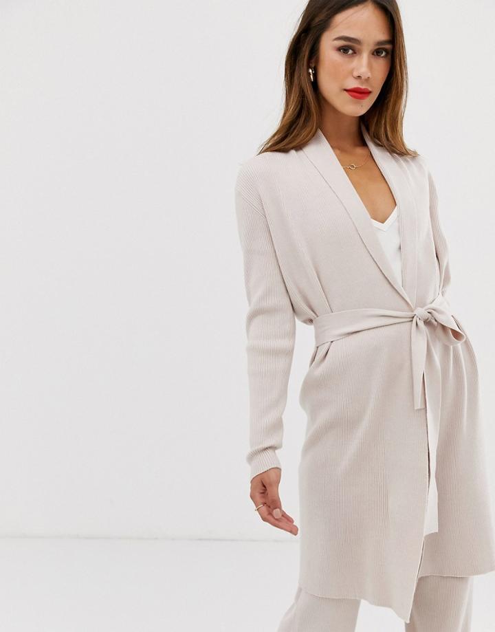 Mango Ribbed Longline Cardigan Two-piece With Tie Waist In Beige-brown