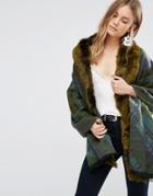 Jayley Check Faux Fur Trim Oversize Coat In Green - Green