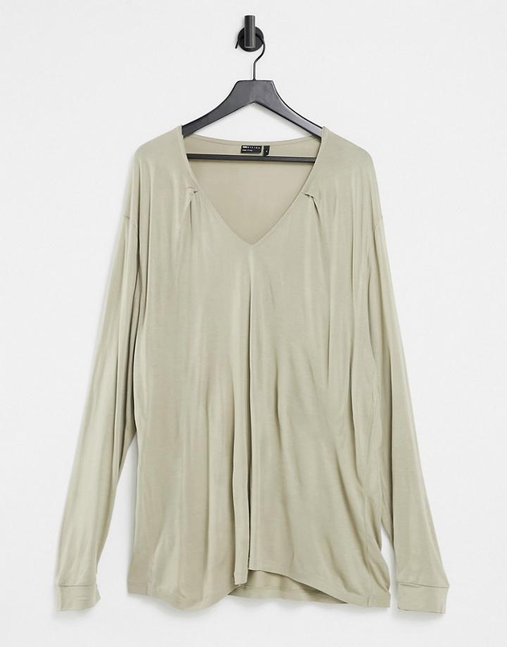 Asos Design Long Sleeve Relaxed Viscose T-shirt With Deep V-neck In Beige-neutral