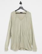 Asos Design Long Sleeve Relaxed Viscose T-shirt With Deep V-neck In Beige-neutral