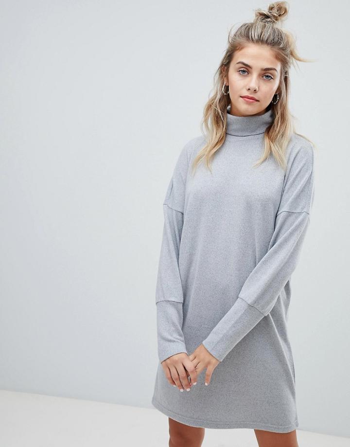 Noisy May Roll Neck Batwing Knitted Mini Sweater Dress In Gray - Gray