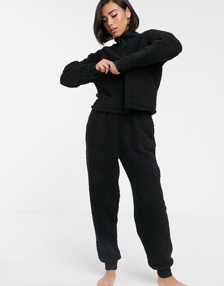 Asos Design Lounge Funnel Neck Zip Up Cuddle Fleece Twosie Set-black