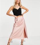 Miss Selfridge Petite Satin Split Midi Skirt In Pink