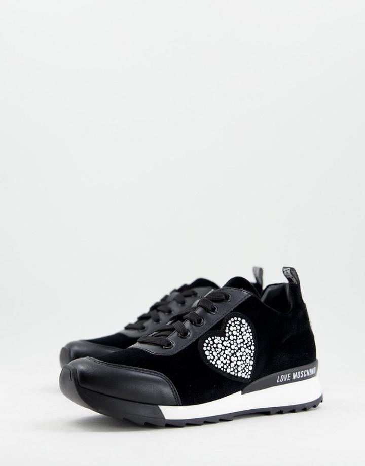 Love Moschino Heart Rhinestone Logo Sneakers In Black