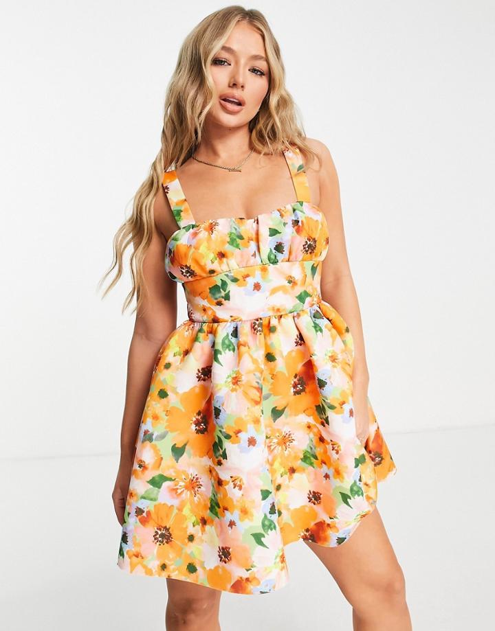 Asos Design Cage Back Mini Skater Dress In Floral Print-multi