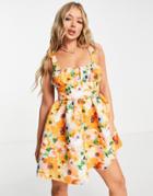 Asos Design Cage Back Mini Skater Dress In Floral Print-multi