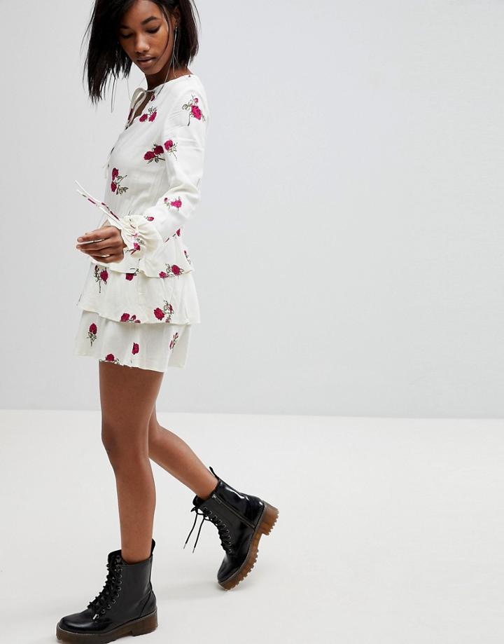 Motel Plunge Front Tea Dress In Cloudy Floral - Multi