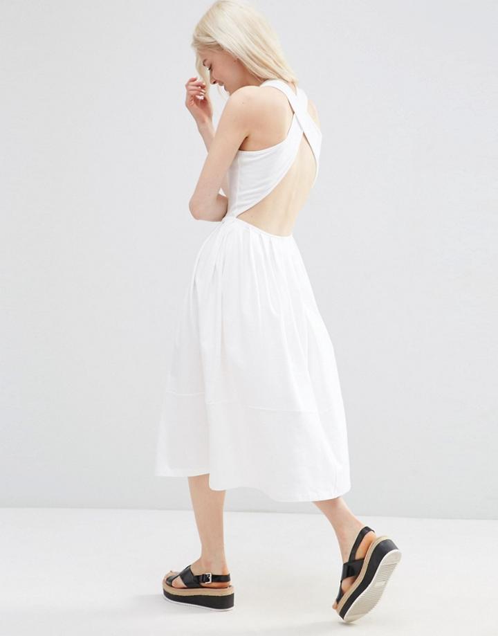 Asos Midi Skater Dress With Cross Back - White