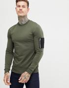 Asos Design Muscle Sweatshirt In Khaki With Contrast Ma1 Pocket - Green